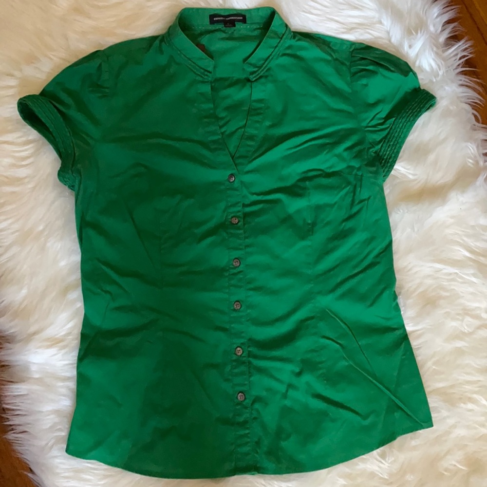 Express bell cap sleeve button up blouse.